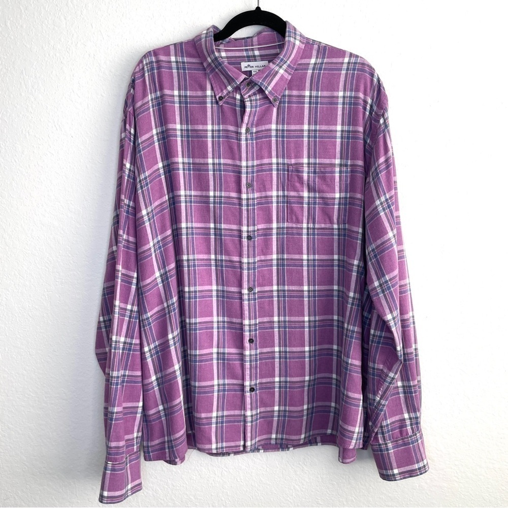 Peter Millar Purple Blue Sherbrook Check Stretch Cotton Button Down Shirt XXL